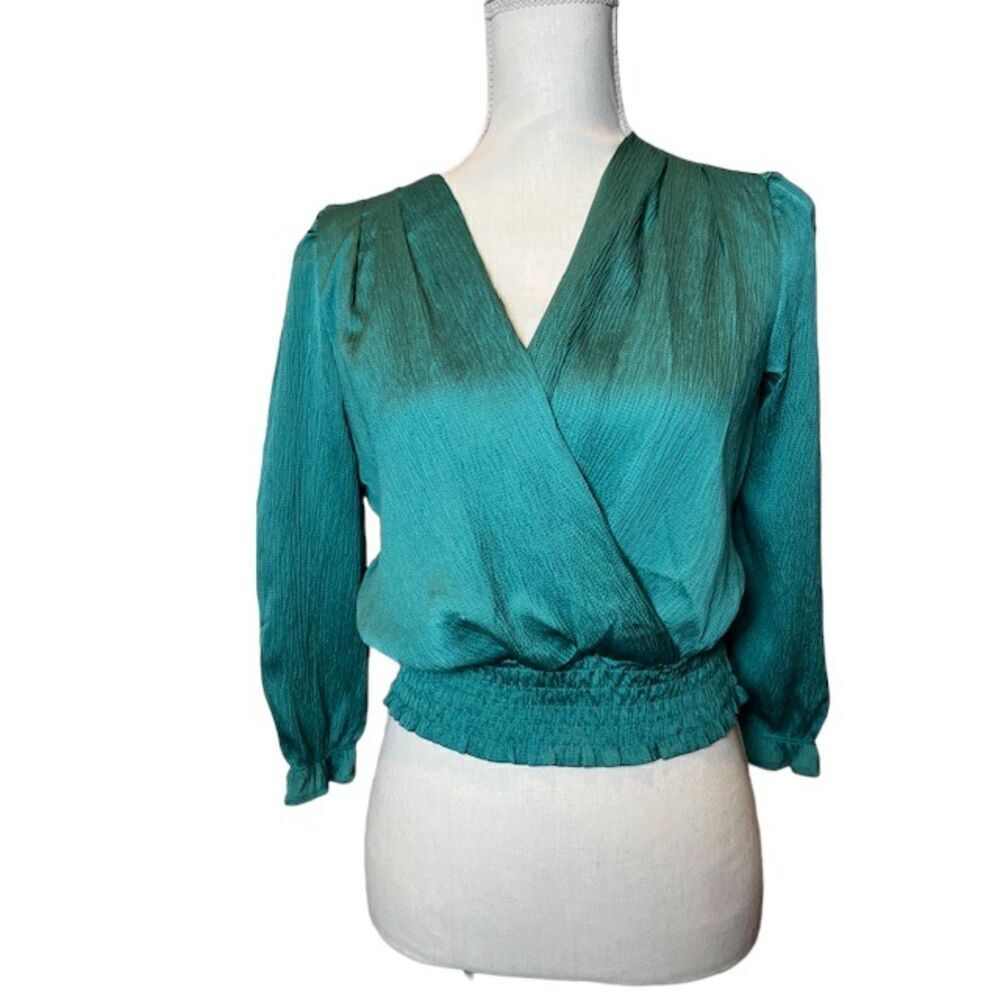 Monteau Los Angeles Cross Front Puff Sleeve Blouse Smocked Waist Green Large
